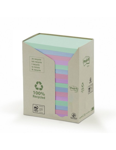 Post-it® Recycling Notes 655-1RPT-N, Assorted Colours, 76 mm x 127 mm, 16 pads 100 sheets, 10/Case, 100% PEFC CH18/0914