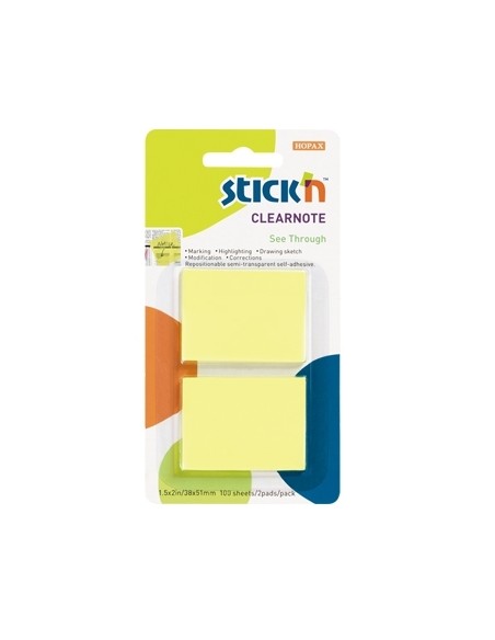 Märkmepaber Stick´N 21099 2x50L 38x51mm läbipaistev kollane blistris