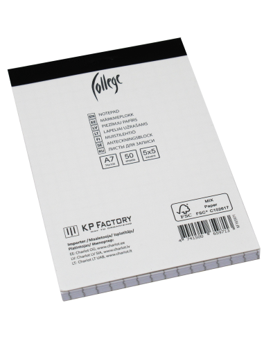 Office notepad College A7+/50 sheets, 5x5 squares, perforation on the short side