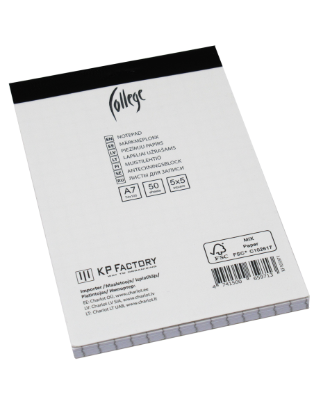 Office notepad College A7+/50 sheets, 5x5 squares, perforation on the short side