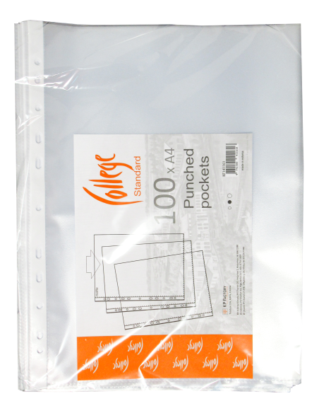 Punched pockets COLLEGE U/A4, clear 60mic 100pcs/pack