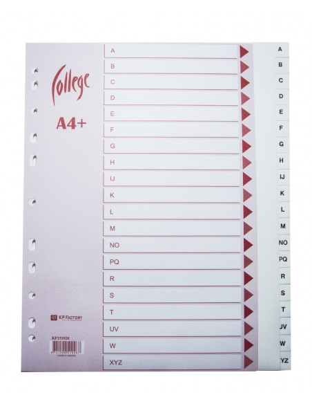 Vahelehed College A4+ A-Z plastik, ekstra lai, valge, inglise tähestik