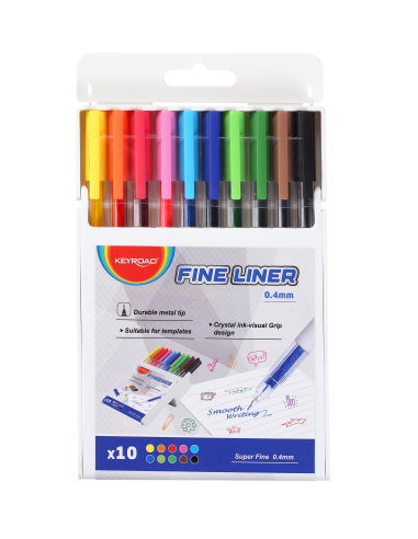 Fine Liner 0.4mm, crystal grip zone, 10 colors in a foldable plastic box(pen holder design)